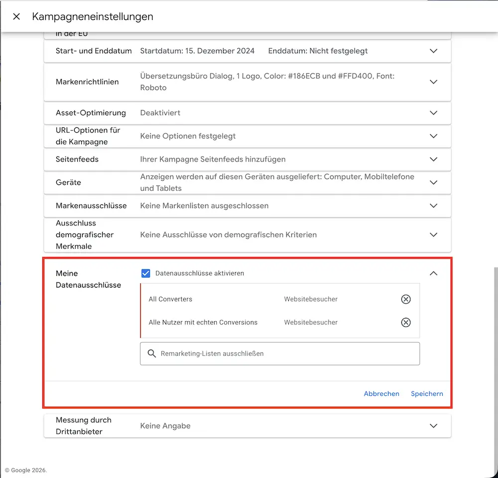 Datenausschlüsse Performance Max
